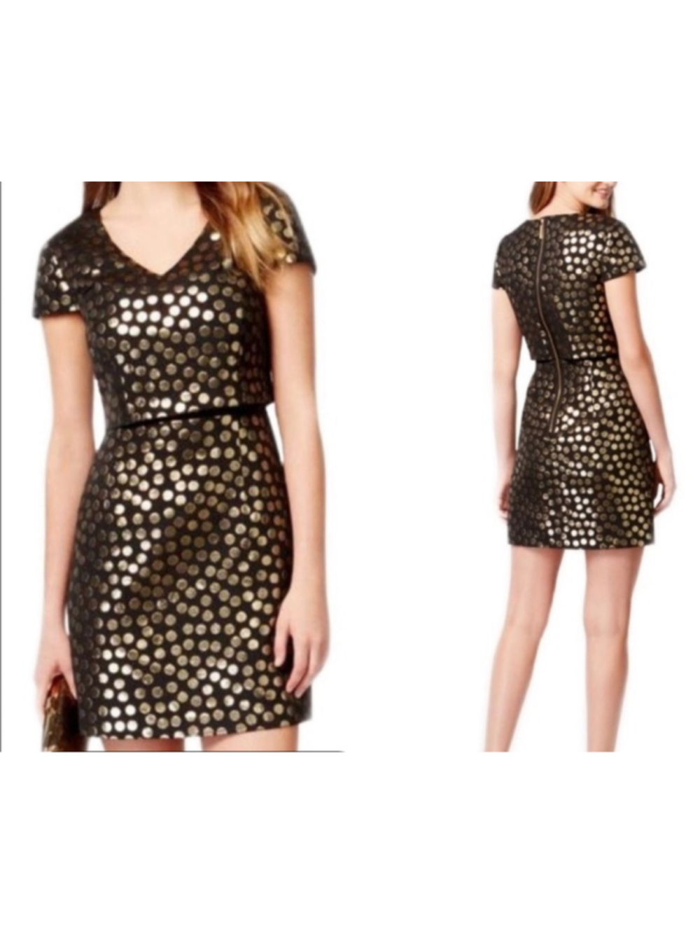 Kensie Black Gold Polka Dot Mini Popover Dress Small